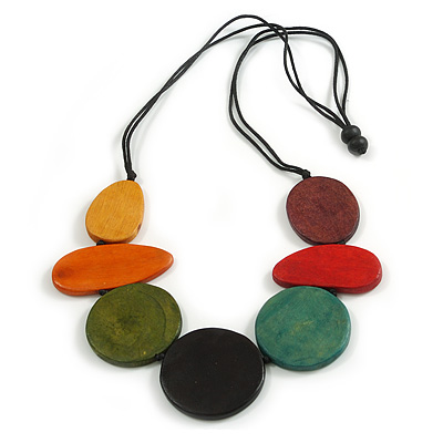Multicoloured Oval and Round Wooden Bead Geometric Black Cord Long Necklace/ 80cm Long/ Adjustable