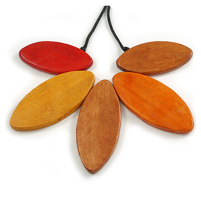Red/Orange/Brown/Yellow Wood Leaf with Black Cotton Cord Necklace - 90cm Long - Adjustable - main view