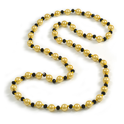 10mm D/ Solid Glass and Faux Pearl Bead Long Necklace (Yellow/Black Colours) - 108cm Long (Natural Irregularities) - main view