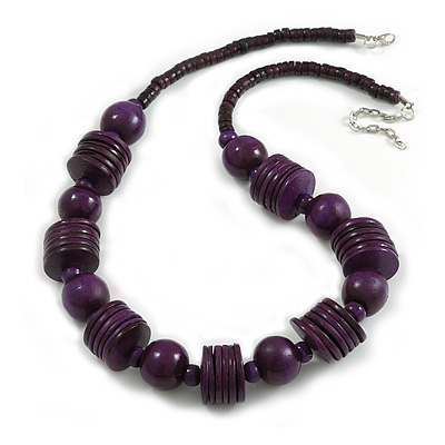 Aubergine Purple Wood Button & Bead Chunky Necklace - 60cm Long/6cm Extender