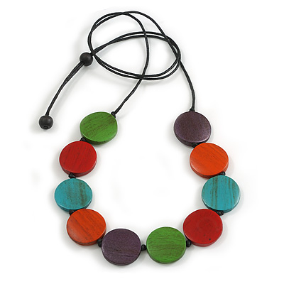 Purple/Orange/Purple/Blue/Green Wooden Coin Bead Black Cotton Cord Necklace/ 100cm Max Length/ Adjustable - main view