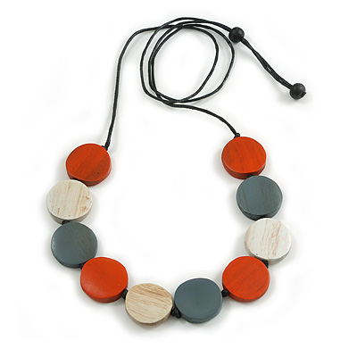 Orange/Grey/White Wooden Coin Bead Black Cotton Cord Necklace/ 100cm Max Length/ Adjustable - main view