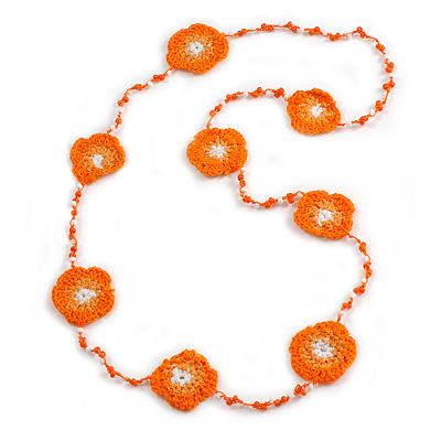 Handmade Orange/Melon/White Floral Crochet Orange/White Glass Bead Long Necklace/ Lightweight - 100cm Long