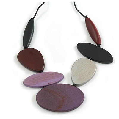 Purple/Metallic/Brown/Black Geometric Wooden Bead Cotton Cord Necklace - 90cm Max Length/ Adjustable - main view