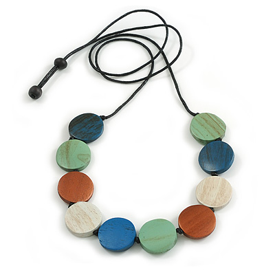 Blue/White/Green/Brown Wooden Coin Bead Black Cotton Cord Necklace/ 100cm Max Length/ Adjustable - main view