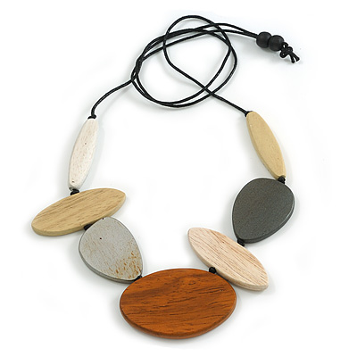 Natural/Metallic/Brown/Grey Geometric Wooden Bead Cotton Cord Necklace - 90cm Max Length/ Adjustable - main view