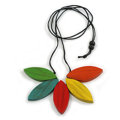 Multicoloured Wood Leaf Black Cotton Cord Long Necklace - 96cm Max Length/ Adjustable