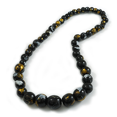 Chunky Graduated Wood Glossy Beaded Necklace in Shades of Black/Gold/White - 66cm Long - main view