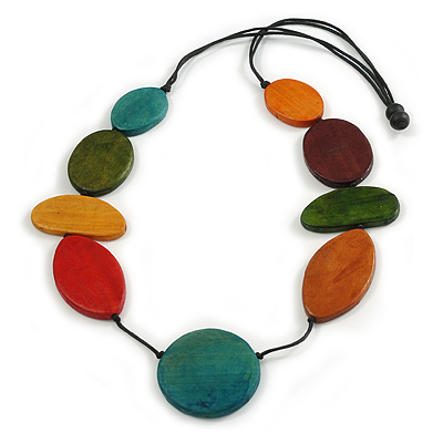 Multicoloured Round/Oval Wooden Bead Geometric Black Cord Long Necklace/ 90cm Long/ Adjustable