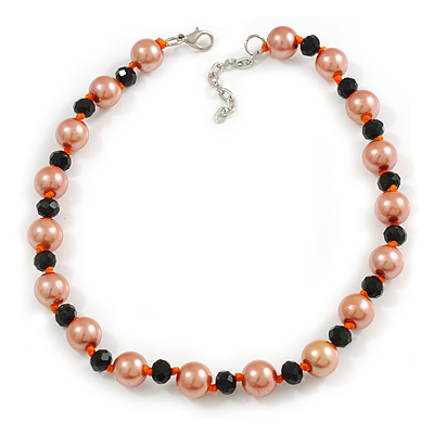 12mm/ Orange Faux Pearl Black Glass Bead Short Necklace (Natural Irregularities) - 38cm L/ 4cm Ext - main view