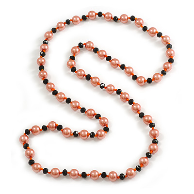10mm D/ Solid Glass and Faux Pearl Bead Long Necklace (Orange/Black Colours) - 108cm Long (Natural Irregularities) - main view