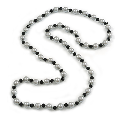 10mm D/ Solid Glass and Faux Pearl Bead Long Necklace (Grey/Black Colours) - 108cm Long (Natural Irregularities) - main view