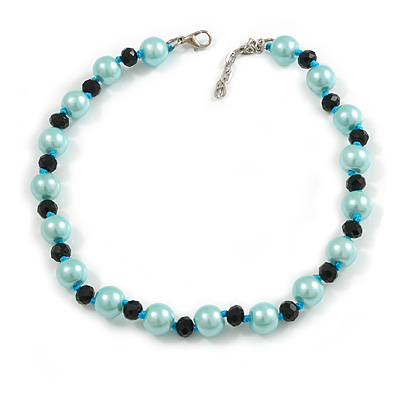 12mm/ Light Blue Faux Pearl Black Glass Bead Short Necklace (Natural Irregularities) - 38cm L/ 4cm Ext - main view