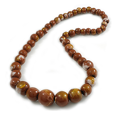 Chunky Graduated Wood Glossy Beaded Necklace in Shades of Brown/Gold/White - 66cm Long