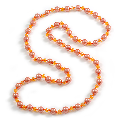 10mm D/ Solid Glass and Faux Pearl Bead Long Necklace (Orange Shades) - 108cm Long (Natural Irregularities) - main view