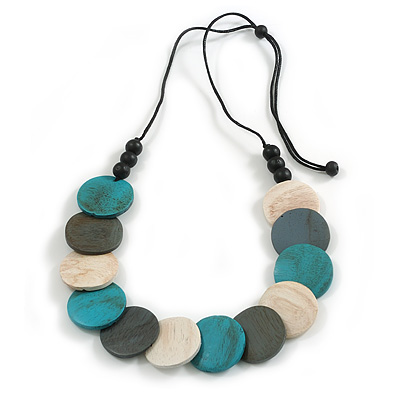 Turquoise/Grey/White Wooden Coin Bead Black Cotton Cord Necklace/ 100cm Max Length/ Adjustable - main view