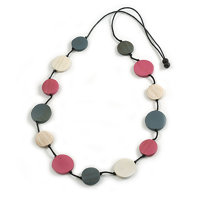 Pink/Grey/White Wooden Coin Bead Black Cotton Cord Necklace/ 100cm Max Length/ Adjustable - main view