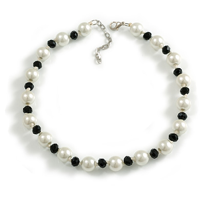 12mm/ White Faux Pearl Black Glass Bead Short Necklace (Natural Irregularities) - 38cm L/ 4cm Ext - main view