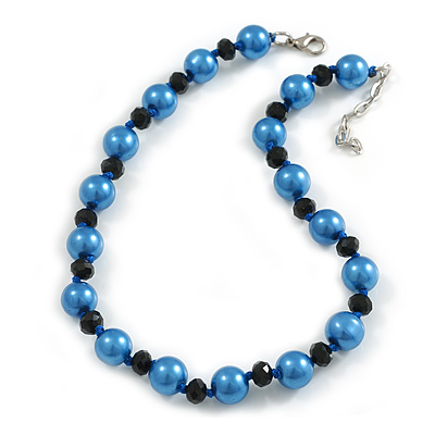 12mm/ Blue Faux Pearl Black Glass Bead Short Necklace (Natural Irregularities) - 38cm L/ 4cm Ext