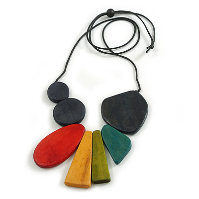 Multicoloured Multi Bar and Disk Geometric Wood Necklace with Black Cotton Cord/ 90cm Long/ Adjustable
