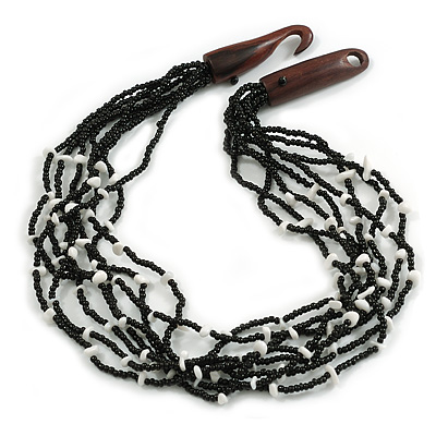 Ethnic Multistrand Black Glass Bead, White Semiprecious Stone Necklace With Wood Hook Closure - 60cm L - main view