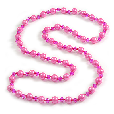 10mm D/ Solid Glass and Faux Pearl Bead Long Necklace (Pink Shades) - 108cm Long (Natural Irregularities) - main view