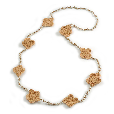 Handmade Camel Floral Crochet Antique White Glass Bead Long Necklace/ Lightweight - 100cm Long - main view