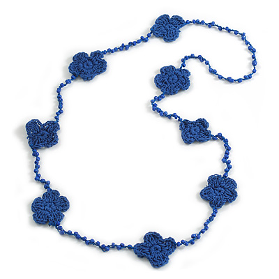 Handmade Blue Floral Crochet Glass Bead Long Necklace/ Lightweight - 100cm Long