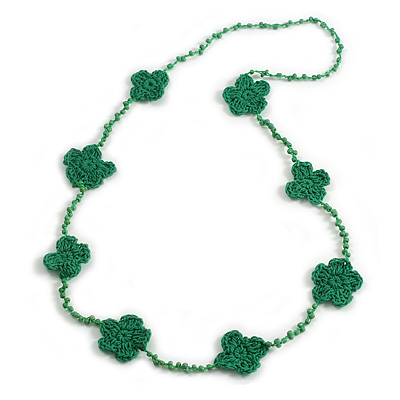 Handmade Green Floral Crochet Glass Bead Long Necklace/ Lightweight - 100cm Long