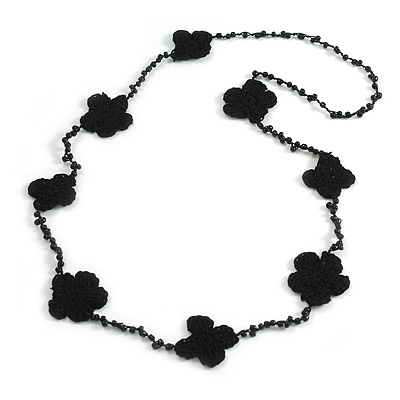 Handmade Black Floral Crochet Glass Bead Long Necklace/ Lightweight - 100cm Long