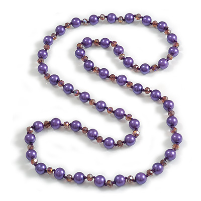 10mm D/ Solid Glass and Faux Pearl Bead Long Necklace (Purple Colours) - 108cm Long (Natural Irregularities)