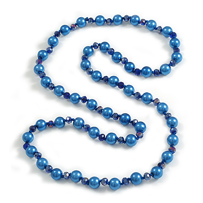10mm D/ Solid Glass and Faux Pearl Bead Long Necklace (Blue Colours) - 108cm Long (Natural Irregularities) - main view