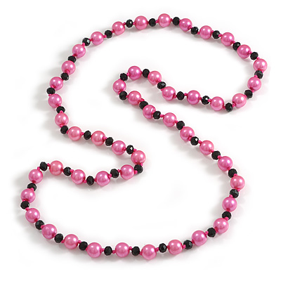 10mm D/ Solid Glass and Faux Pearl Bead Long Necklace (Pink/Black Colours) - 108cm Long (Natural Irregularities)