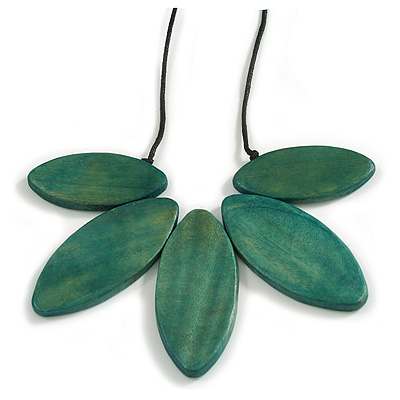 Teal Green Wood Leaf with Black Cotton Cord Necklace - 96cm Long - Adjustable - main view