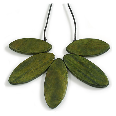 Green Wood Leaf with Black Cotton Cord Necklace - 96cm Long - Adjustable - main view