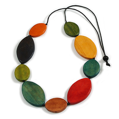 Oval Wooden Bead Geometric Black Cord Long Necklace/ Multicoloured/ 90cm Long/ Adjustable - main view