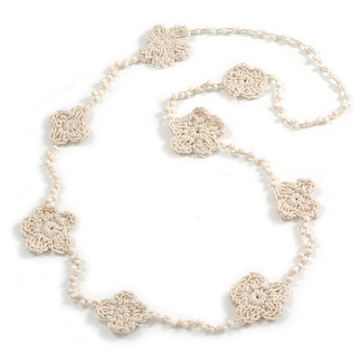 Off White Floral Crochet and Glass Bead Long Necklace - 80cm Long - main view