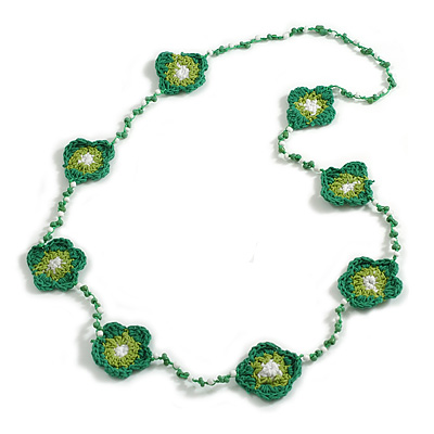 Handmade Gree/Olive/White Floral Crochet Green/White Glass Bead Long Necklace/ Lightweight - 100cm Long - main view
