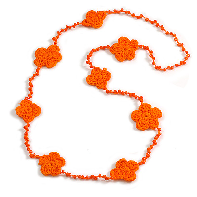 Handmade Floral Crochet Glass Bead Long Necklace in Orange/ Lightweight - 96cm Long - main view