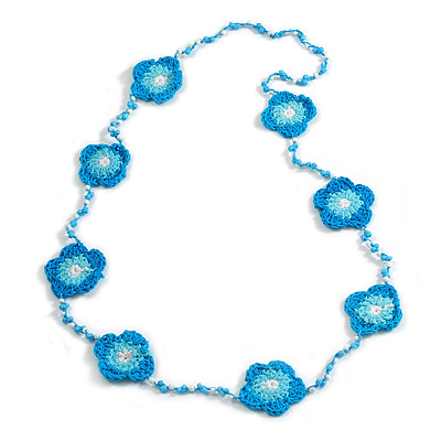 Handmade Light Blue/Aqua/White Floral Crochet Sky Blue/White Glass Bead Long Necklace/ Lightweight - 100cm Long - main view