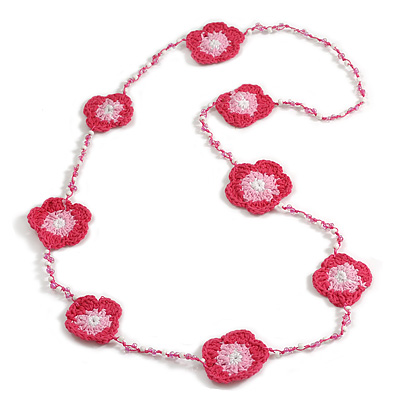 Handmade Raspberry/Baby Pink/White Floral Crochet Light Pink/White Glass Bead Long Necklace/ Lightweight - 100cm Long - main view
