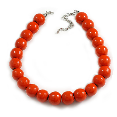 20mm D/Chunky Orange Polished Wood Bead Necklace in Silver Tone - 44cm L/10cm Ext - main view
