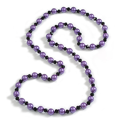10mm D/ Solid Glass and Faux Pearl Bead Long Necklace (Purple/Black Colours) - 108cm Long (Natural Irregularities) - main view