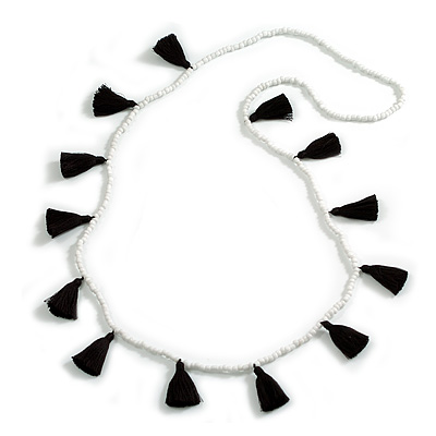 Boho Style White Glass Bead with Black Cotton Tassel Long Necklace - 96cm L - main view