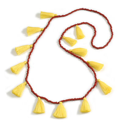 Boho Style Brown Glass Bead with Banana Yellow Cotton Tassel Long Necklace - 96cm L