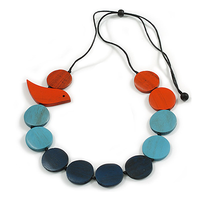 Orange/Sky Blue/Dark Blue Wooden Coin Bead and Bird Black Cotton Cord Long Necklace/ 96cm Max Length/ Adjustable - main view