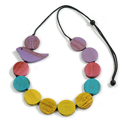 Yellow/Pink/Purple/Turquoise Wooden Coin Bead and Bird Black Cotton Cord Long Necklace/ 100cm Max Length/ Adjustable