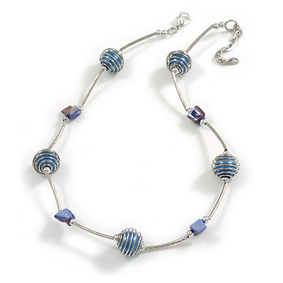 Stylish Blue Glass/ Shell Bead and Textured Metal Bar Necklace In Silver Tone - 41cm L/ 4cm Ex - main view