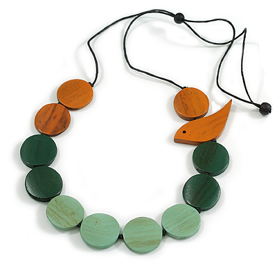 Orange/Green/Mint Wooden Coin Bead and Bird Black Cotton Cord Long Necklace/ 96cm Max Length/ Adjustable - main view