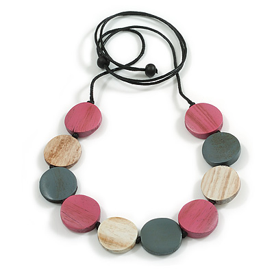 Grey/White/Pink Wood Coin Bead Grey Cotton Cord Necklace - 98cm L (Max Length) - main view